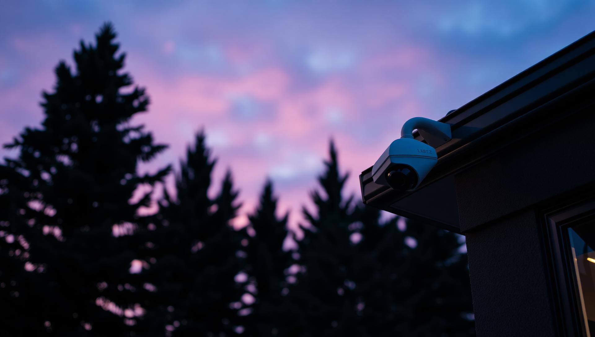 Security camera mounted on a building at dusk in northern Ontario
